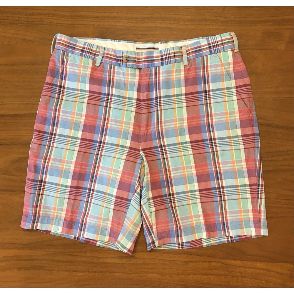Peter Millar Seaside Shorts Men 33 Red Blue Plaid Chino 8" Linen Silk Blend Golf